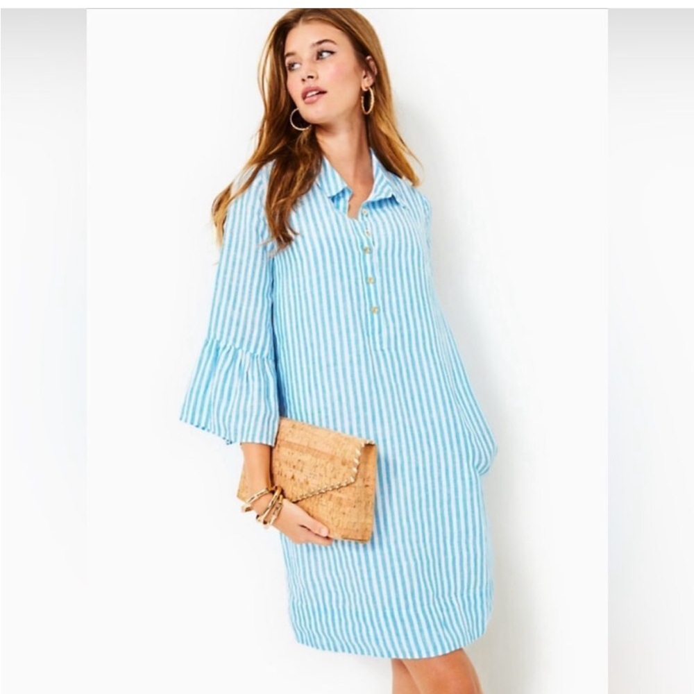 Jazmyn 3/4 Sleeve Linen Tunic Dress Striped